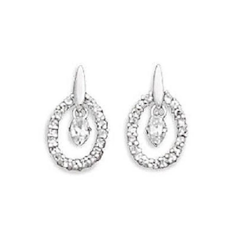 Micro heart earrings-Oval Cubic Zirconia CZ Center Drop Post Earrings Rhodium on Sterling Silver