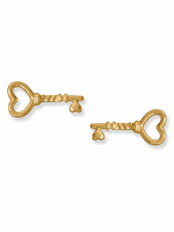 Sturdy hoop earrings-Heart Skeleton Key Earrings 14k Gold on Sterling Silver