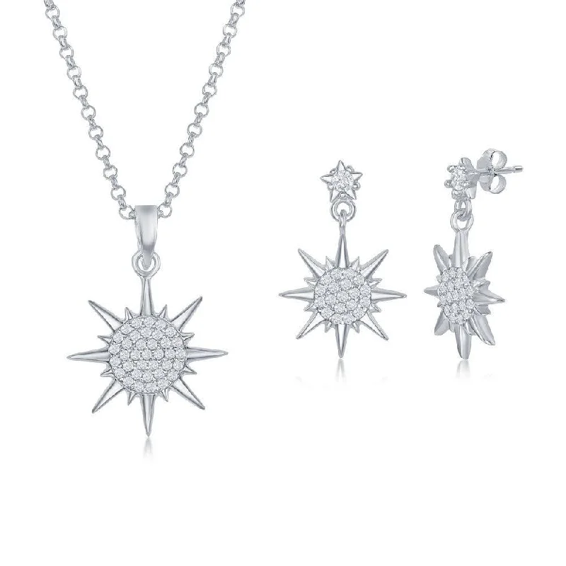 Cascading drop earrings-Sterling Silver CZ Sun Pendant & Earrings Set With Chain