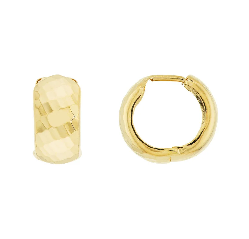 Dual-sided earrings-14k Yellow Gold Huggie Hoop Earrings with Flashy Textured Basketweave Polished Finish