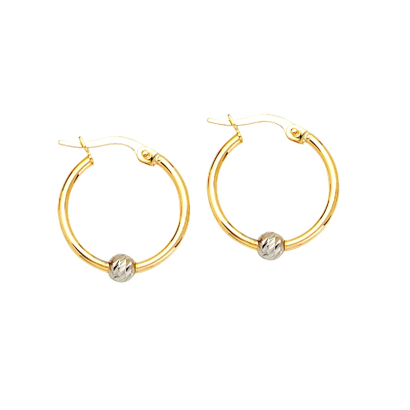 Flapper deco earrings-10k Yellow Gold Hoop Earrings with Diamond-cut White Gold Bead Accent