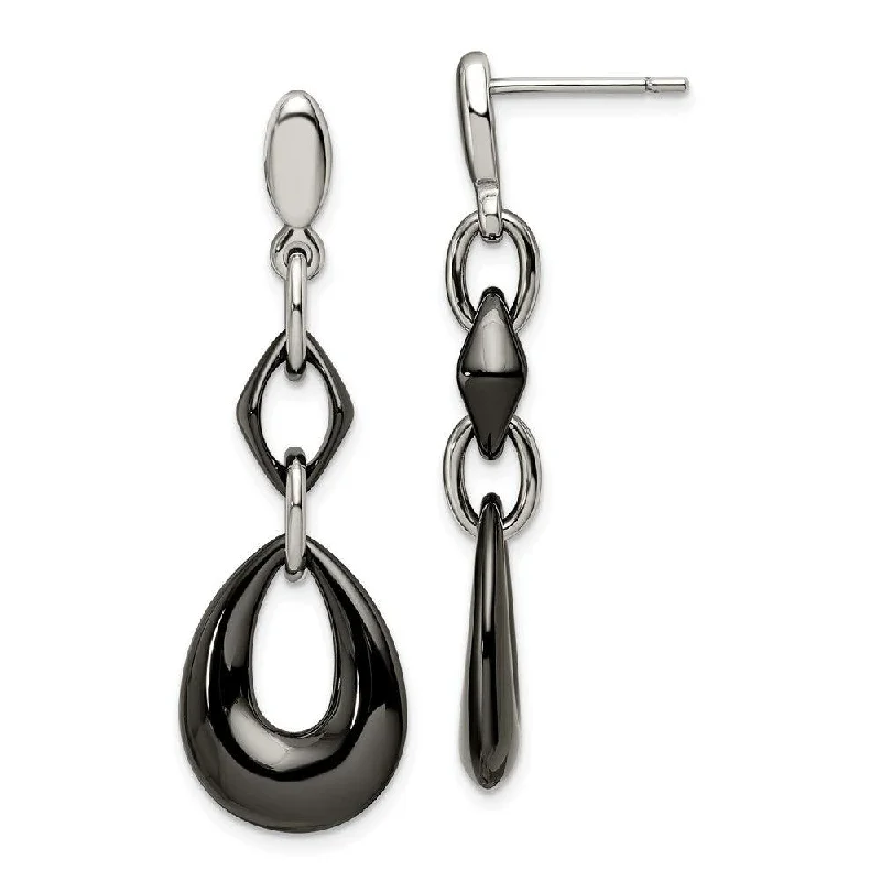 Bowed loop earrings-Stainless Steel And Black Ceramic Polished Dangle Post Earrings