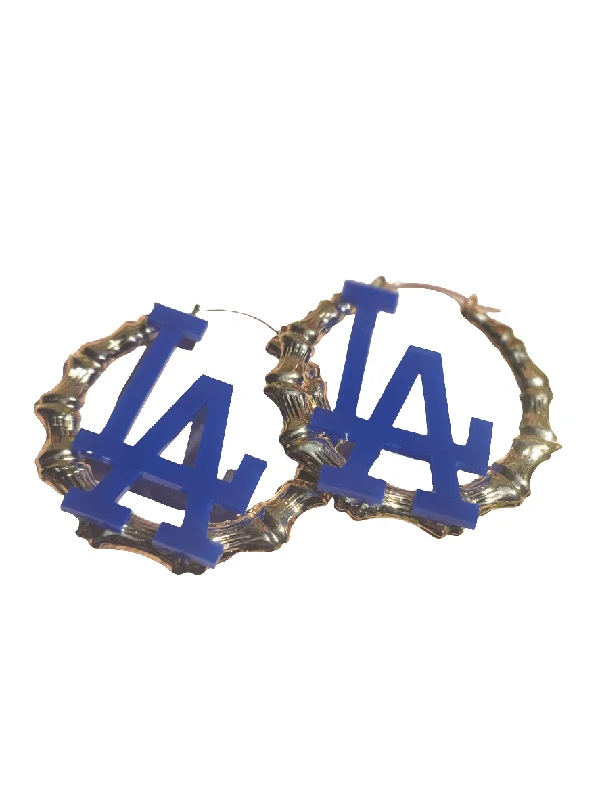 Etched art earrings-LA Dodger Blue Bamboo Hoop Earrings