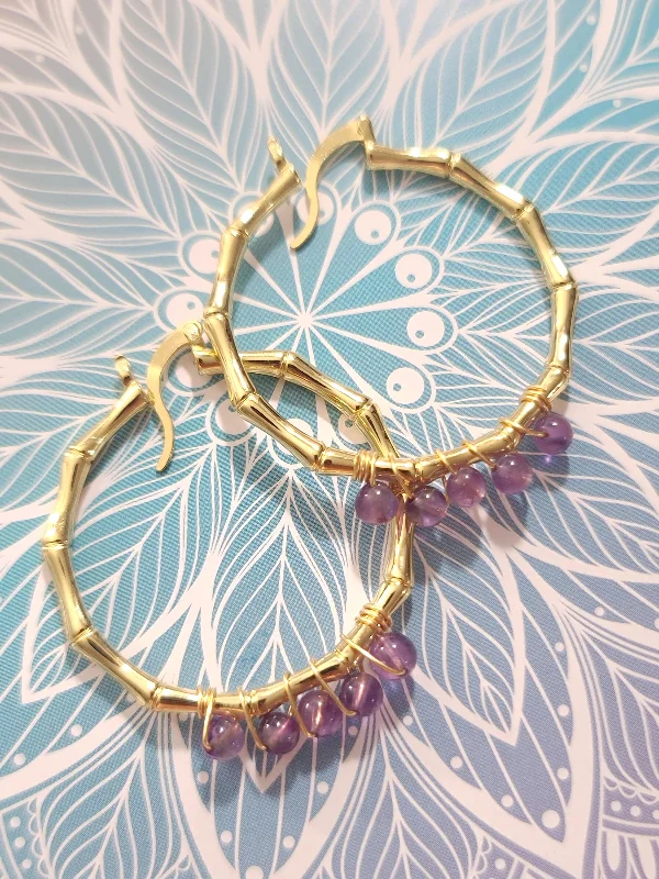 Broad hoop earrings-Amethyst Bamboo Hoop Earrings