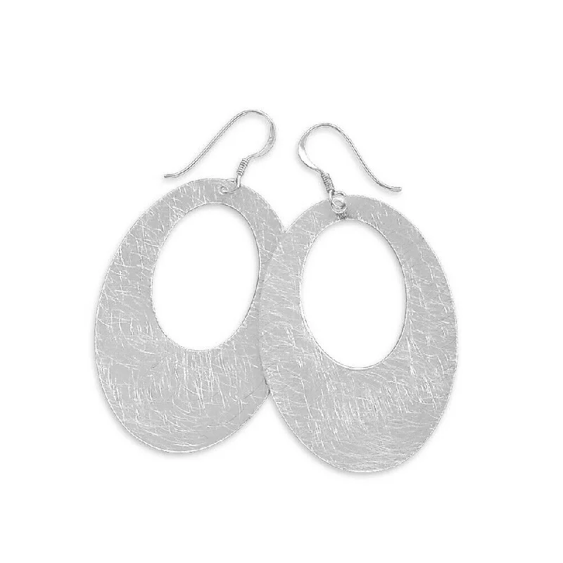 Lustrous pearl earrings-Sterling Silver Open Oval Dangle Earrings with Swirl Scratch Brushed Finish