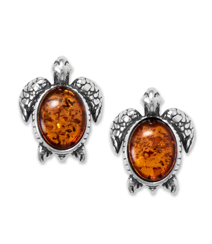 Citrine stud earrings-Baltic Amber Sea Turtle Stud Earrings Sterling Silver