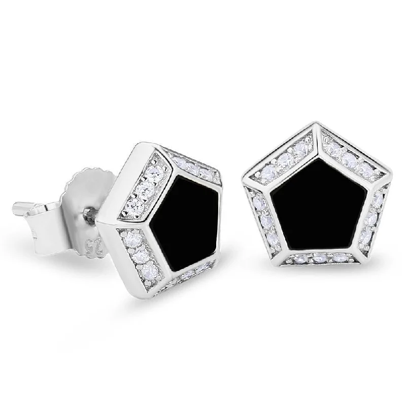 Wave design earrings-THE DARTH VADER® - Pentagon Black Diamond Stud Earrings in White Gold