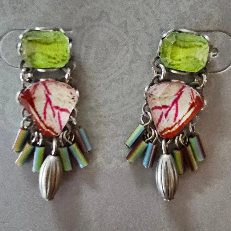 Ribbon tassel earrings-AYALABAR EARRINGS GREEN STUD PINK DROP