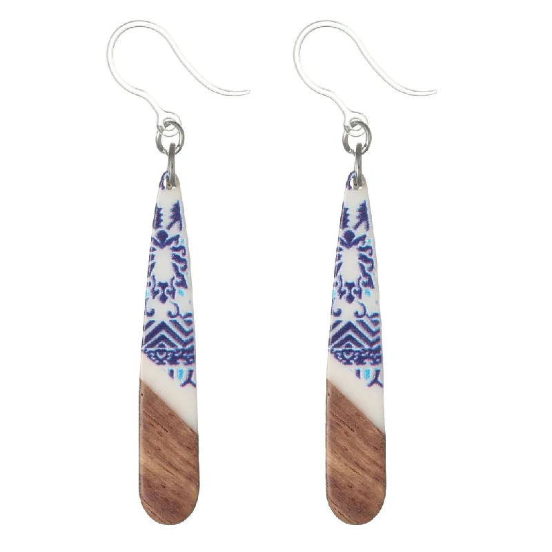 Wave design earrings-Stamped Wooden Celluloid Bar Dangles Hypoallergenic Earrings for Sensitive Ears Made with Plastic Posts