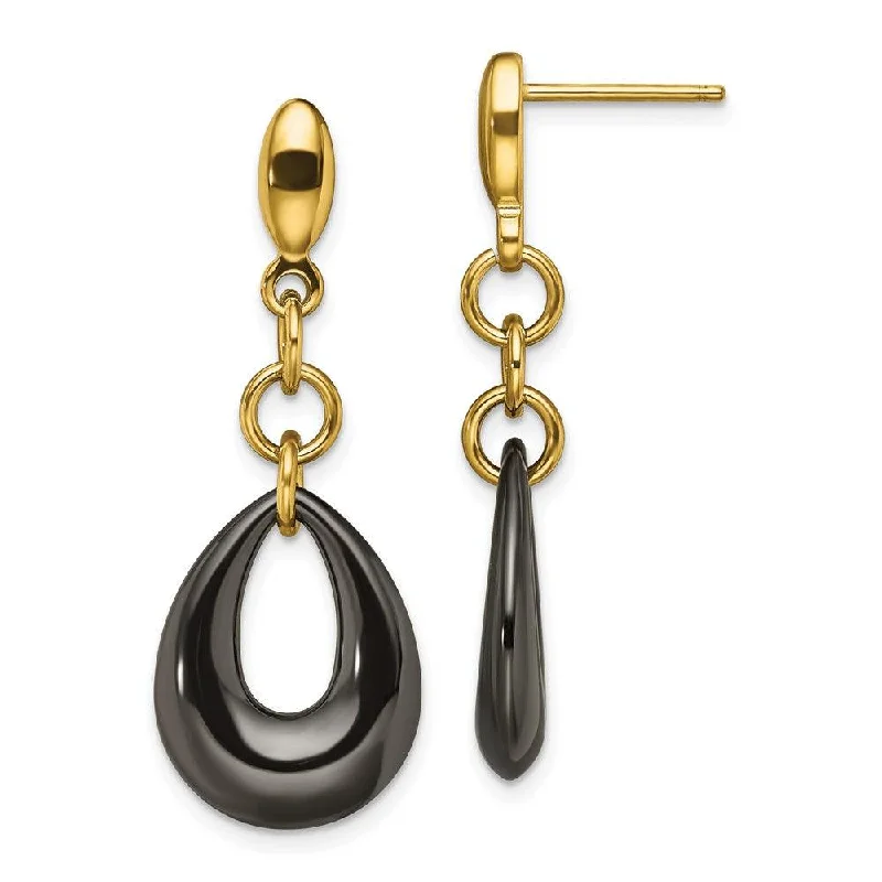 Akoya pearl earrings-Stainless Steel Polished Yellow IP Blk Ceramic Post Dangle Earrings