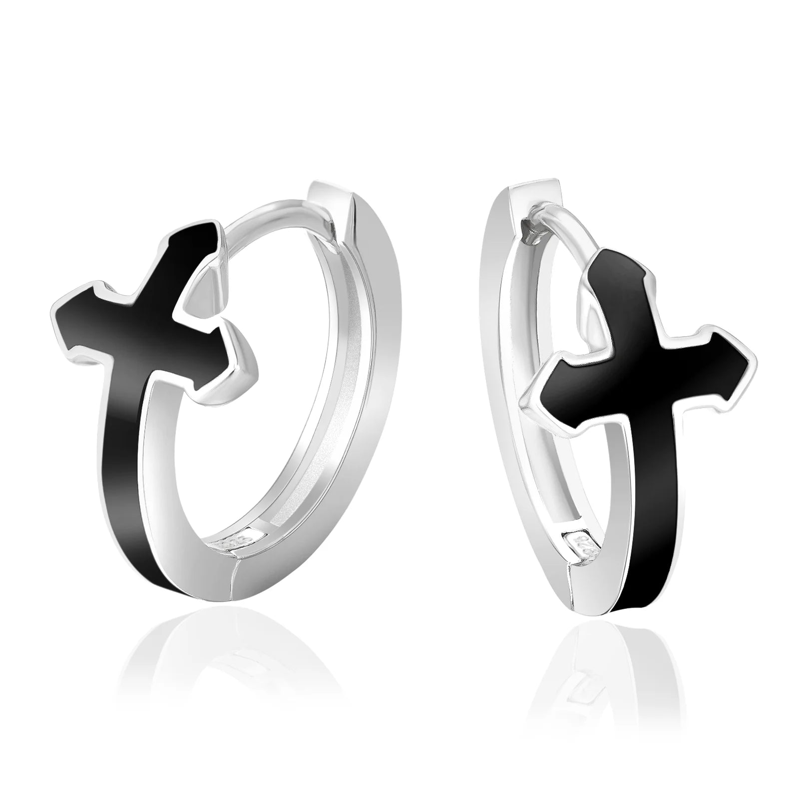 Dual-sided earrings-S925 Silver Black Cross Hoop Earrings in White Gold - 15mm