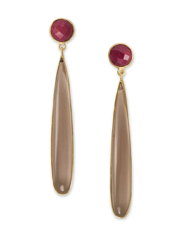 Smooth wood earrings-Red Ruby Corundum and Smoky Quartz Earrings 14k Gold-plated Sterling Silver