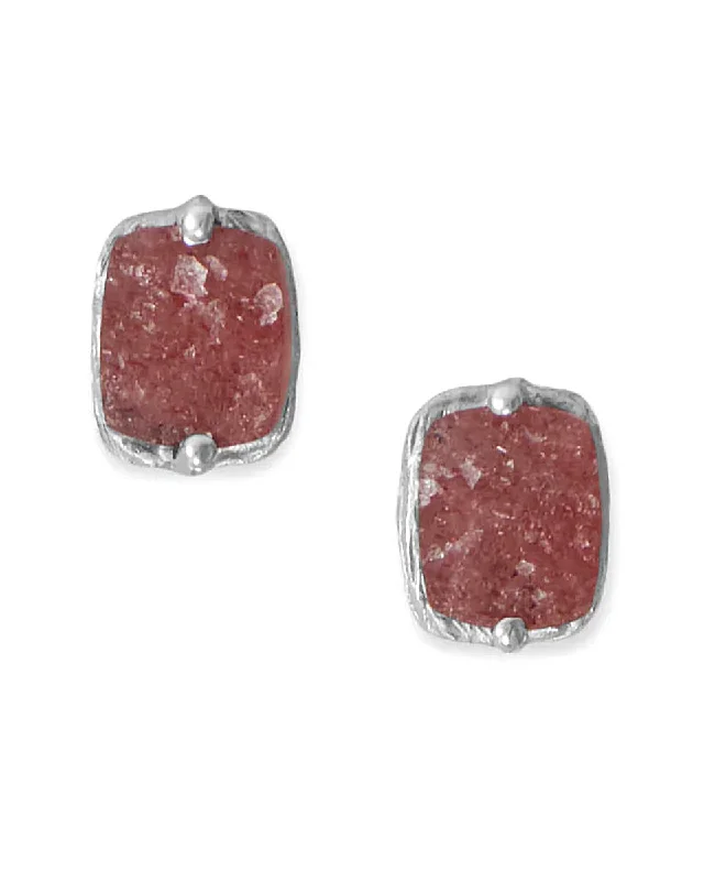 Wispy drop earrings-Strawberry Quartz Stud Earrings Rectangle Shape Rhodium on Silver