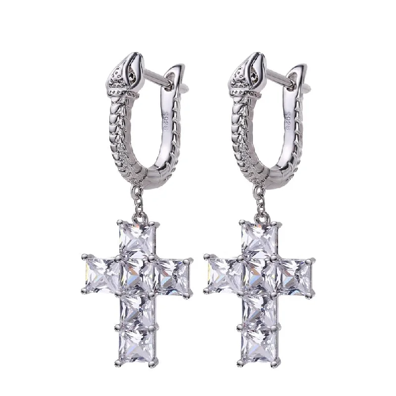 Diamond stud earrings-The Serpent ® - Diamond Snake Hoop Hanging Cross Earrings in White Gold