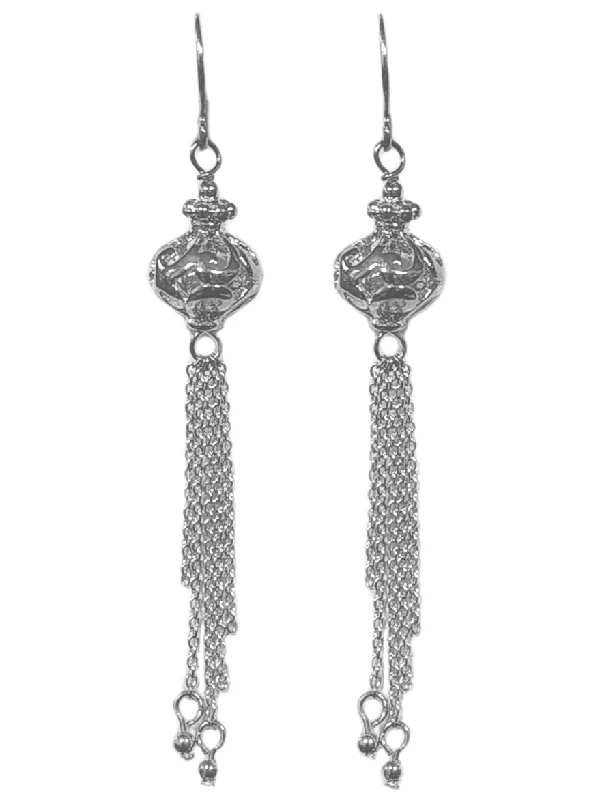 Ribbon tassel earrings-Tassel Dangle Earrings with Filigree Ball Sterling Silver