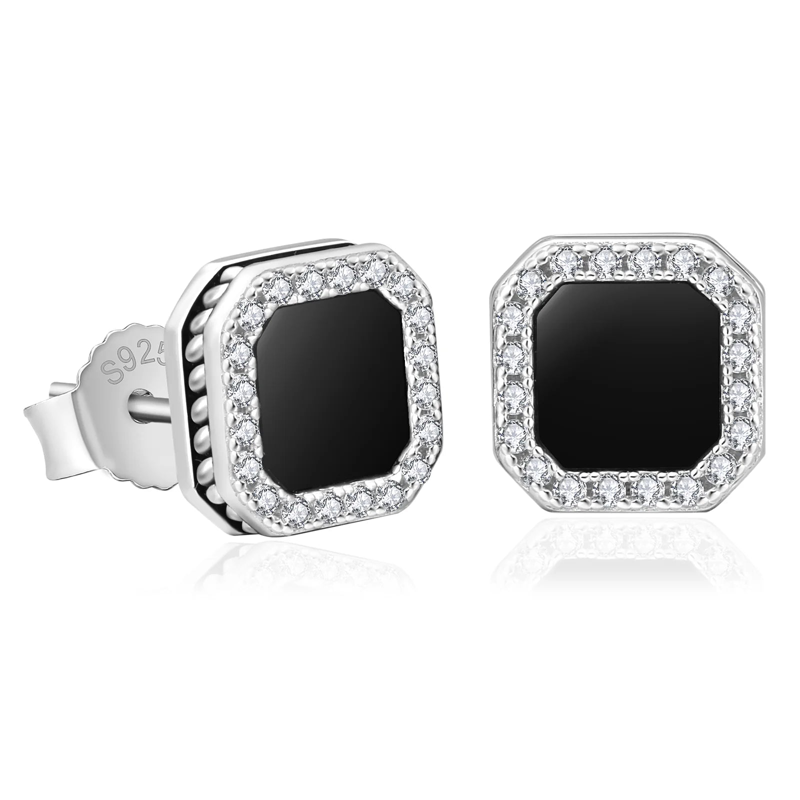 Smoky quartz earrings-Square Black Onyx Iced Diamond Stud Earrings for Men