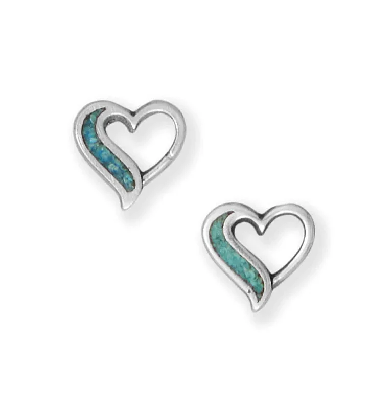 Vine hoop earrings-Heart Stud Earrings with Turquoise Chip Inlay