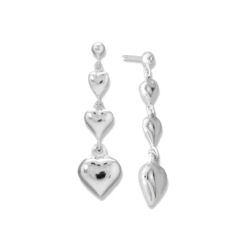 Micro star earrings-Polished Puffy Triple Drop Heart Earrings 3D Sterling Silver