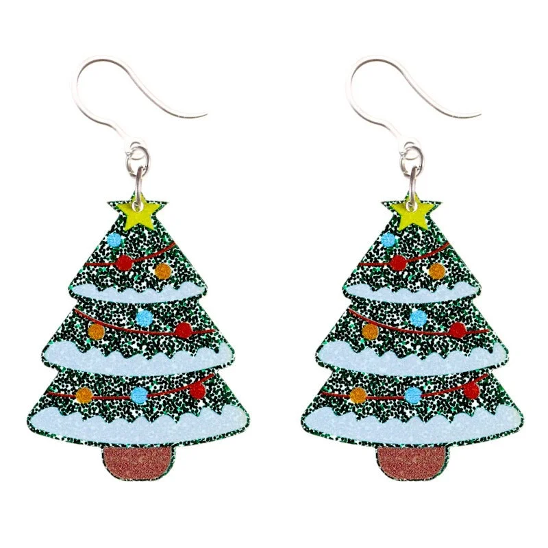 Diamond stud earrings-Glittery Decorated Christmas Tree Dangles Hypoallergenic Earrings for Sensitive Ears Made with Plastic Posts