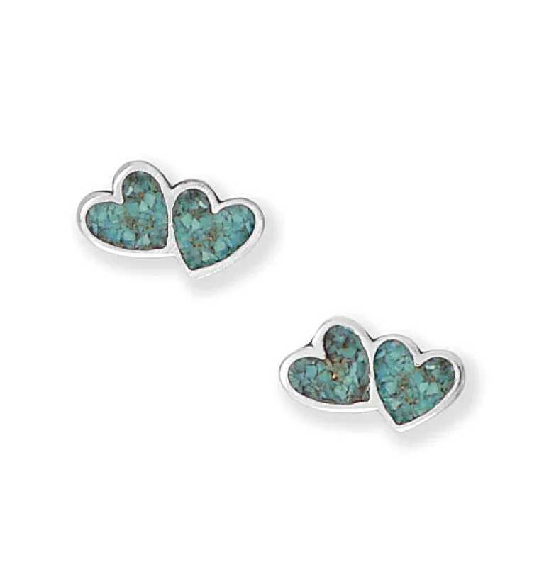 Spiral wire earrings-Double Heart Stud Earrings Turquoise Chip Inlay Sterling Silver with Steel Posts