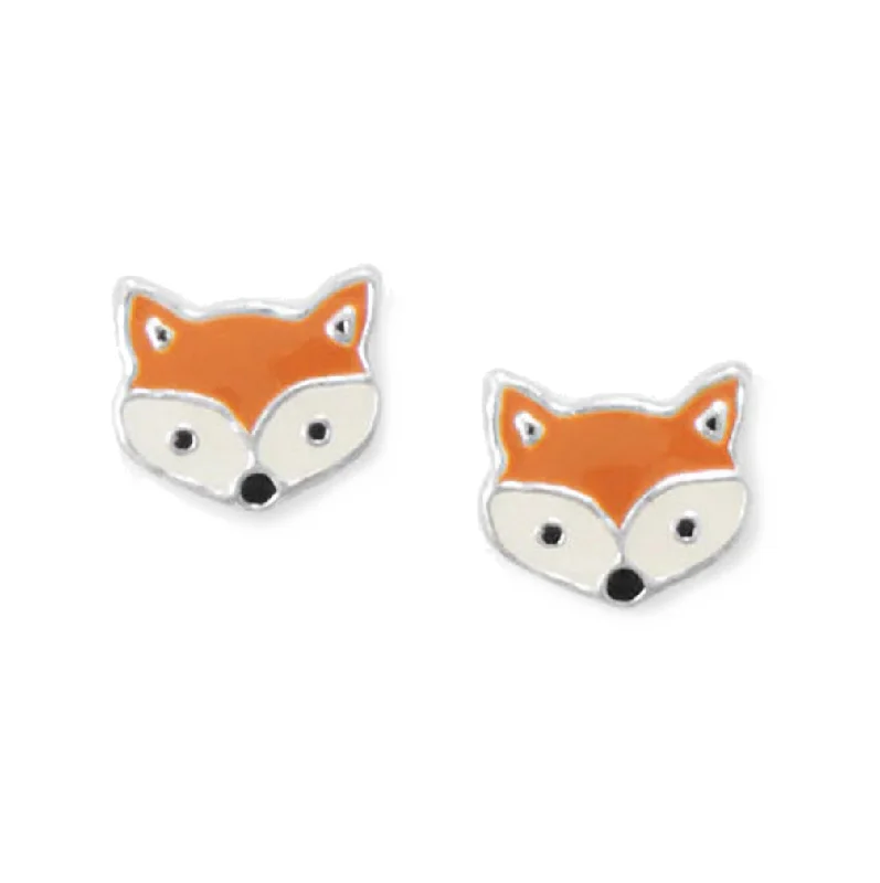 Tarnished silver earrings-Fox Face Small Stud Earrings Sterling Silver and Enamel Childrens