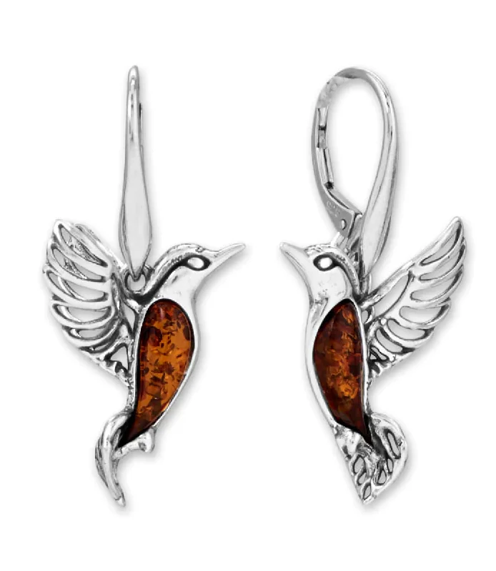 Brushed silver earrings-Baltic Amber Hummingbird Earrings Sterling Silver