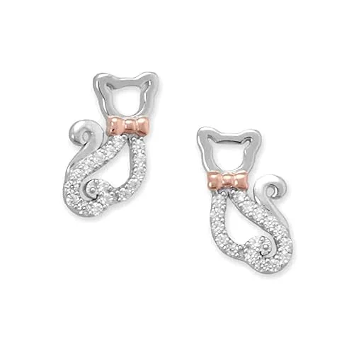 Shimmering gem earrings-Kitty Cat with Bow Tie Stud Earrings Rhodium ad Rose Gold-plated Silver with Cubic Zirconia