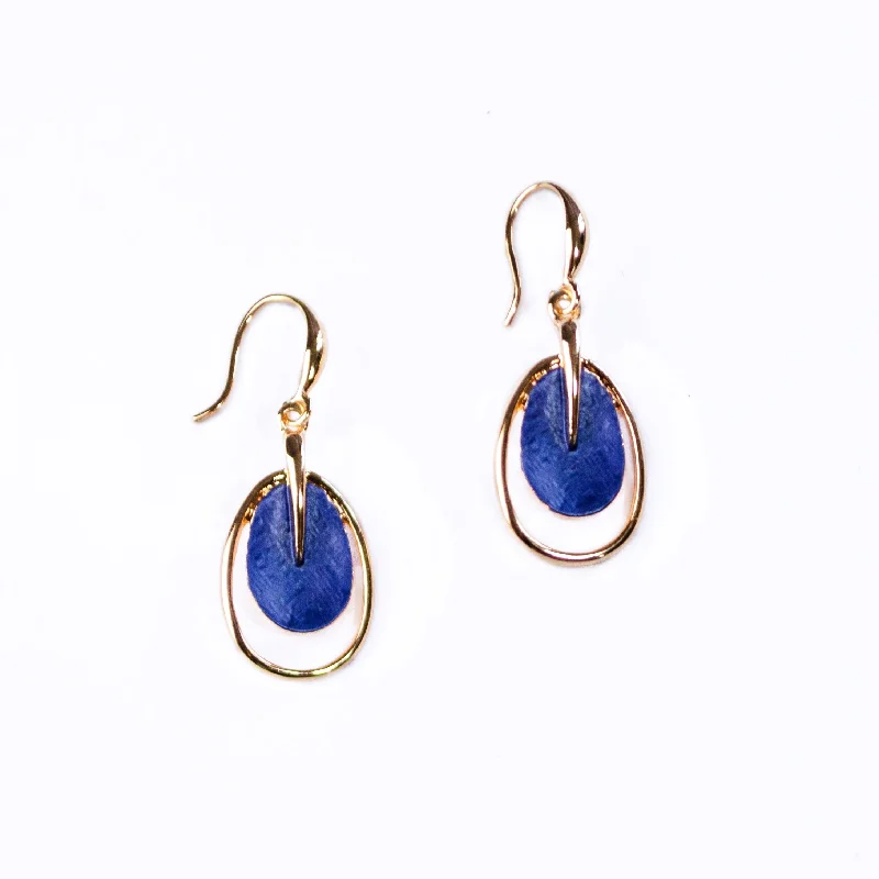 Satin weave earrings-Boho Style Double Oval Earrings, Rose Gold & Blue