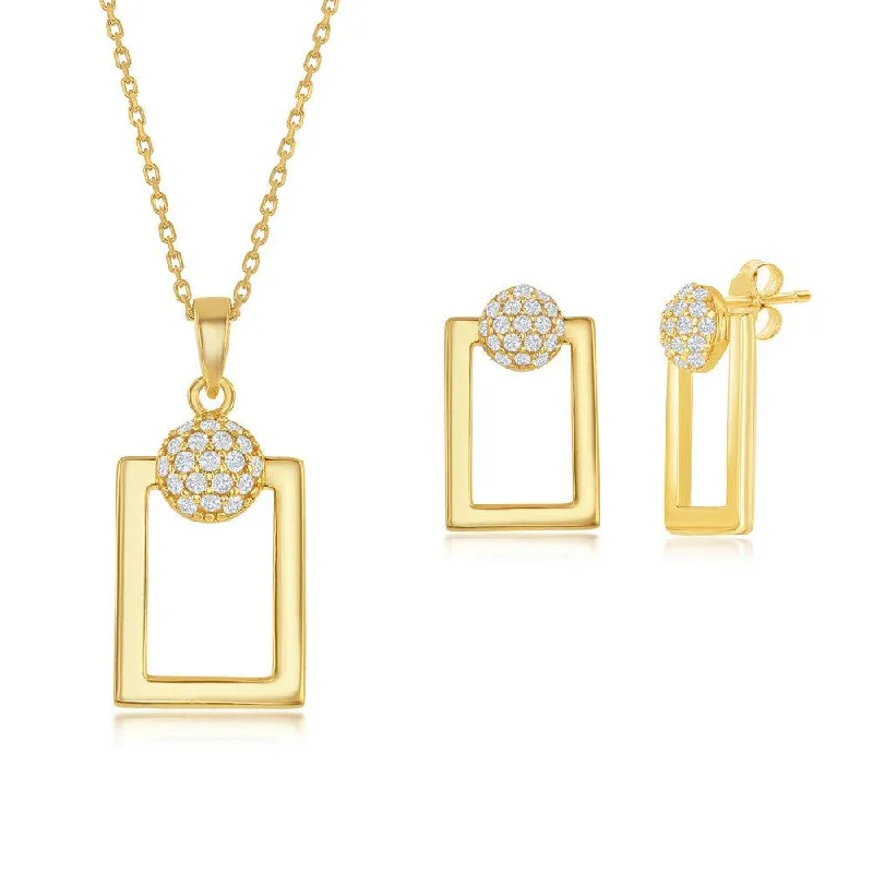 Carved hoop earrings-Sterling Silver Round Micro Pave CZ Open Rectangle Pendant & Earrings Set With Chain - Gold Plated