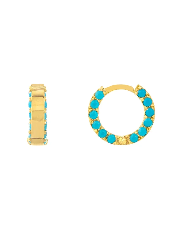 Reef theme earrings-14k Yellow Gold Small Huggie 10mm Hoop Earrings with Genuine Turquoise