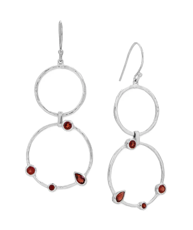 Georgian style earrings-Double Circle Garnet Dangle Earrings Rhodium on Sterling Silver