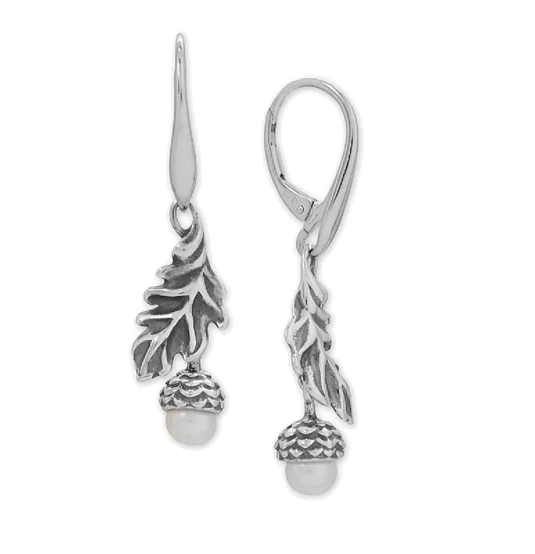 Curved art earrings-Acorn and Leaf Earrings with Cultured Freshwater Pearl Sterling Silver