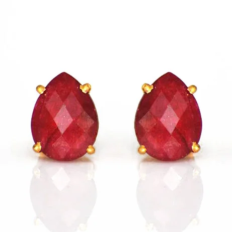 Burnished gold earrings-Ruby Teardrop Prong Set Stud Earrings : July Birthstone