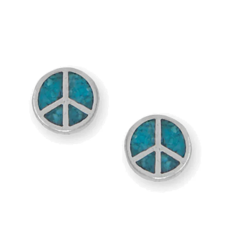 Diamond stud earrings-Turquoise Chip Inlay Stud Earrings with Peace Sign Sterling Silver - Made in the USA