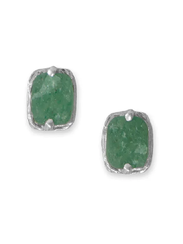 Owl feather earrings-Green Aventurine Stud Earrings Rectangle Shape Rhodium on Sterling Silver