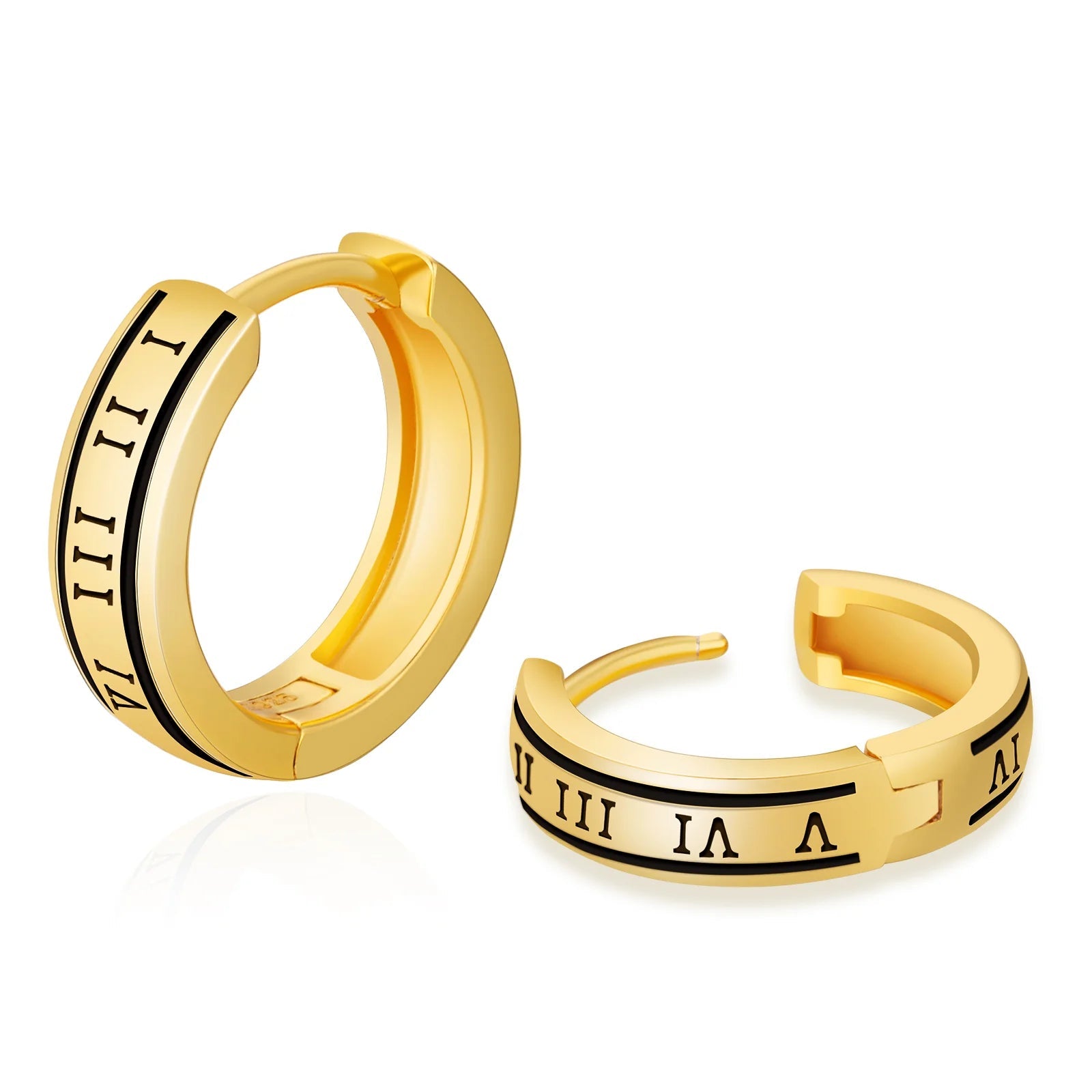 Hollow ring earrings-S925 Silver Black Roman Numerals Hoop Earrings in 14K Gold - 15mm