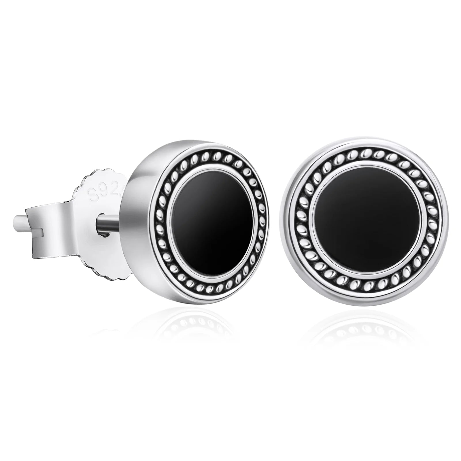 Sacred cross earrings-8mm Black Diamond Agate Radial Round Stud Earrings in 925 Sterling Silver