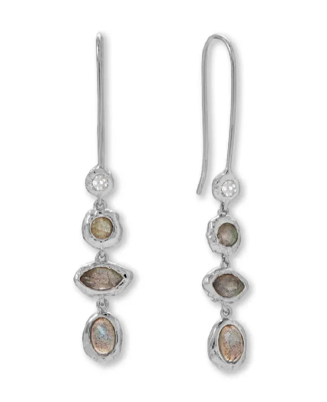 Wispy drop earrings-Labradorite Multistone Drop Earrings with Cubic Zirconia Hammered Rhodium on Silver - Nontarnish