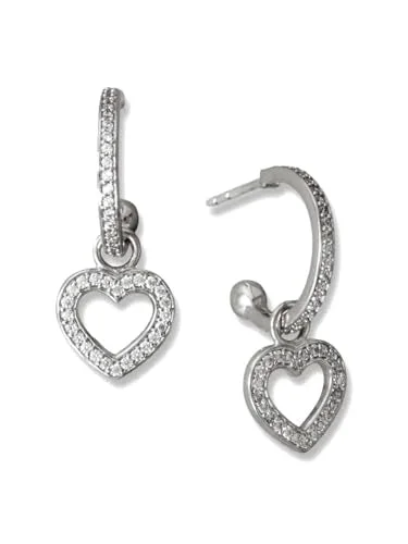 Fine pearl earrings-Hoop Earrings with Heart Dangle Rhodium on Sterling Silver with Sparkling Cubic Zirconia