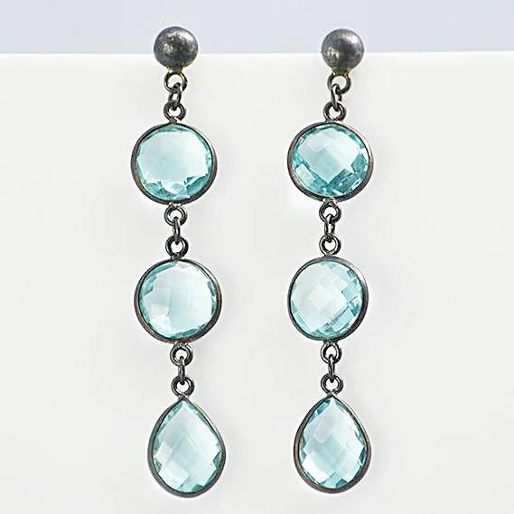 Tiny wing earrings-Blue Topaz Triple drop Bezel Set Stud Earrings - December Birthstone