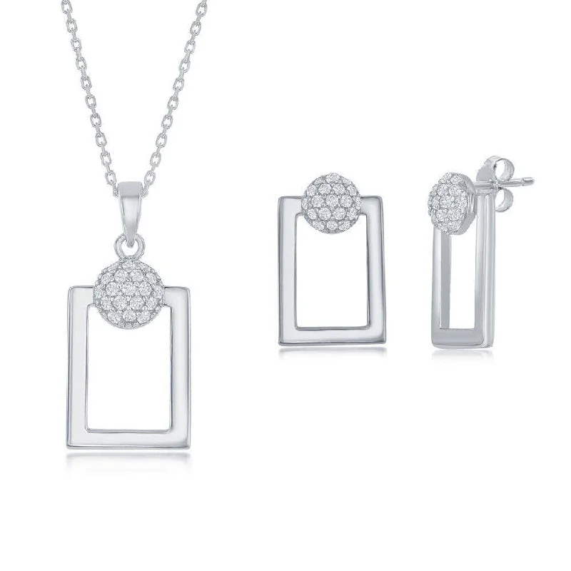 Satin weave earrings-Sterling Silver Round Micro Pave CZ Open Rectangle Pendant & Earrings Set With Chain