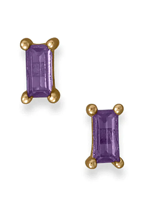 Tarnished silver earrings-Purple Baguette Cubic Zirconia Stud Earrings 14k Gold-Plated Silver