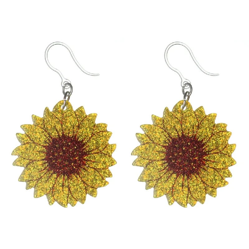 Bee wing earrings-Glitter Sunflower Earrings Dangles Hypoallergenic Earrings for Sensitive Ears Made with Plastic Posts