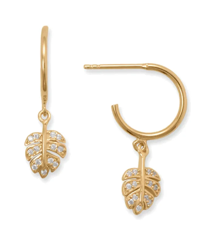 Carved hoop earrings-14k Gold-plated 3/4 Hoop Earrings with Cubic Zirconia Studded Leaf Charms