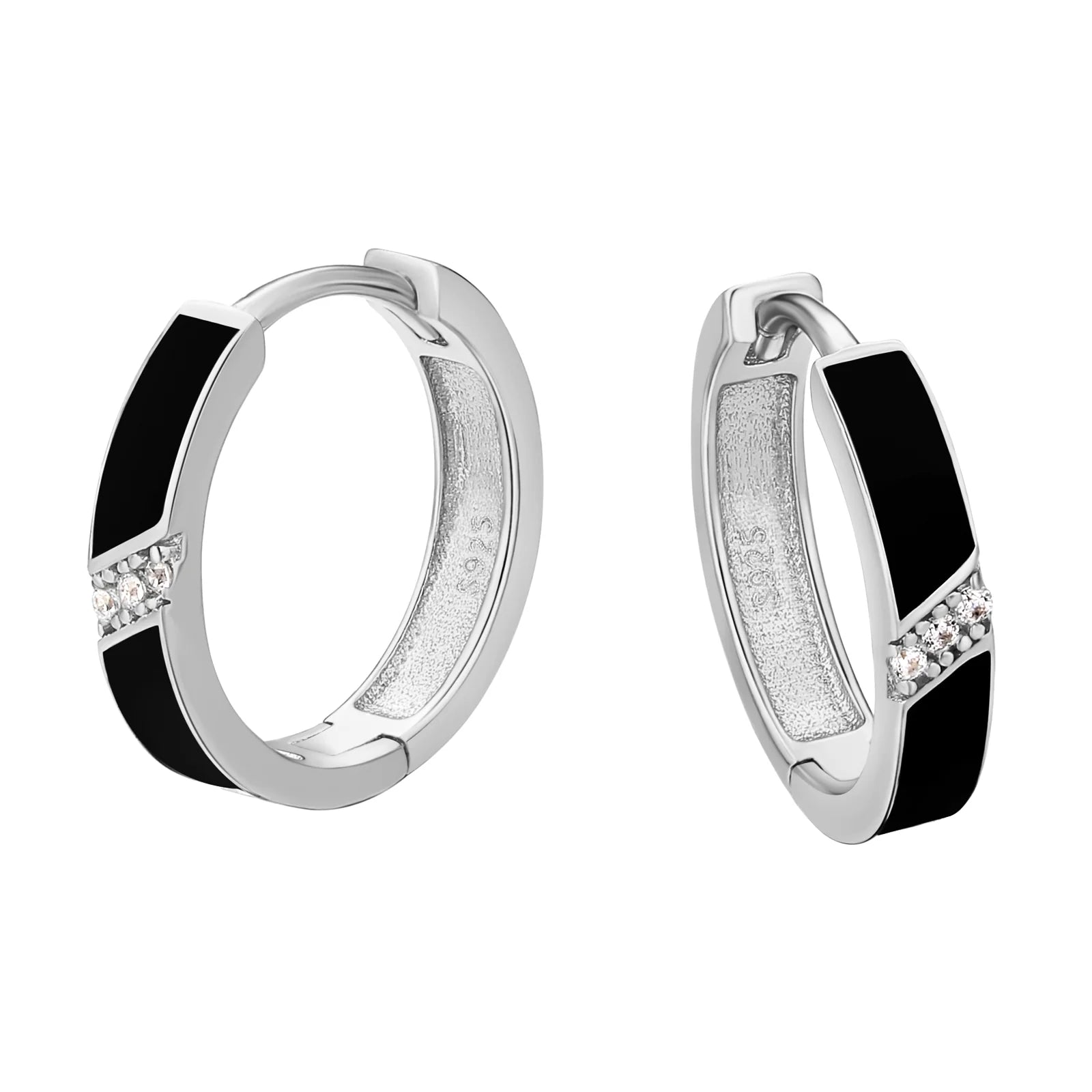 Prism star earrings-925 Sterling Silver Diamond Black Round Hoop Earrings in White Gold