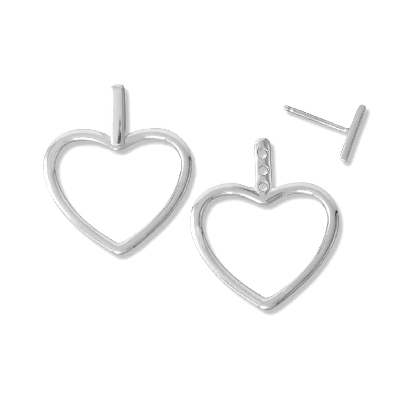 Round drop earrings-Large Polished Heart Outline Dangle Earrings Sterling Silver