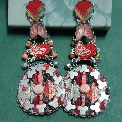 Woven bead earrings-AYALABAR EARRINGS RED PINK FABRIC