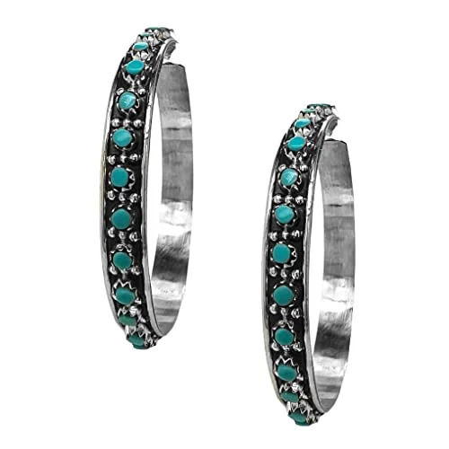 Flapper deco earrings-Genuine Sleeping Beauty Turquoise Hoop Earrings, Sterling Silver, Authentic Zuni Native American USA Handmade. Nickel Free