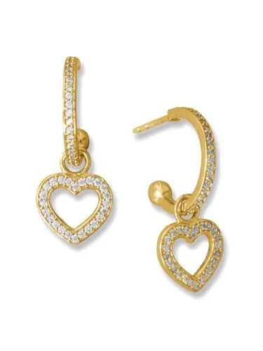 Spiral wire earrings-Hoop Earrings with Heart Dangle 14k Gold-plated on Sterling Silver with Sparkling Cubic Zirconia