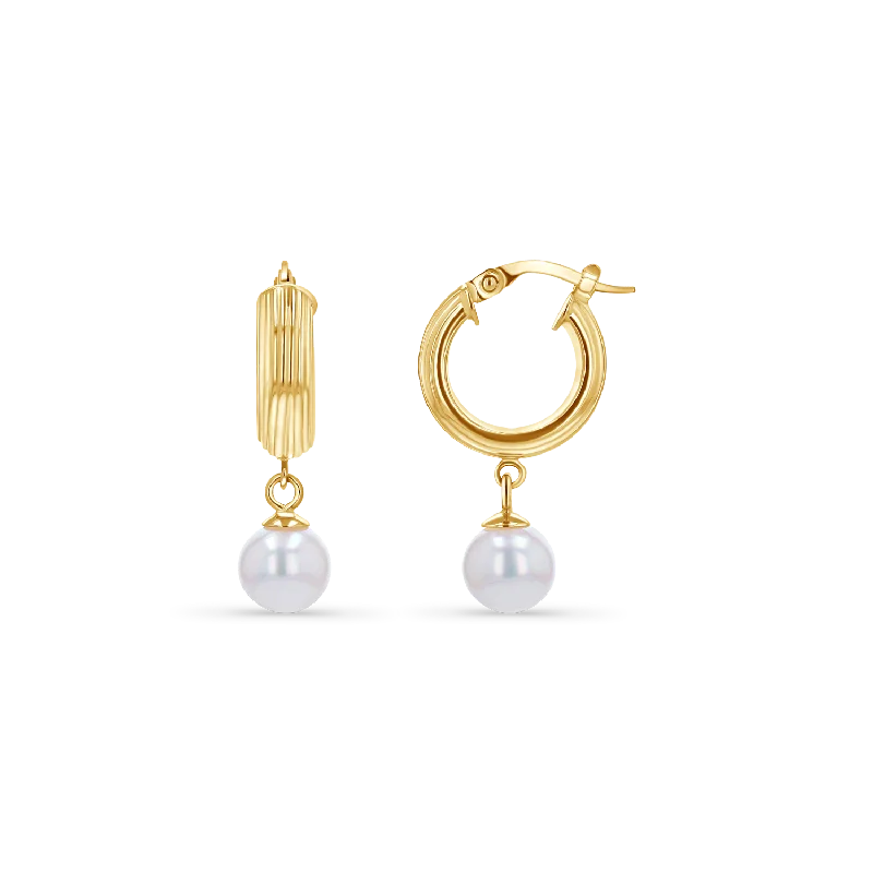 Wispy drop earrings-Pearl Drop Ribbed Hoops